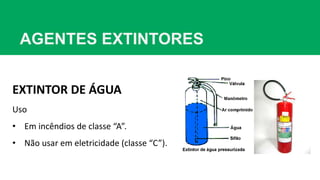 AGENTES EXTINTORES
EXTINTOR DE ÁGUA
Uso
• Em incêndios de classe “A”.
• Não usar em eletricidade (classe “C”).
 