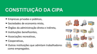 CONSTITUIÇÃO DA CIPA
 Empresas privadas e públicas,
 Sociedades de economia mista,
 Órgãos da administração direta e indireta,
 Instituições beneficentes,
 Associações recreativas,
 Cooperativas,
 Outras instituições que admitam trabalhadores
como empregados.
 