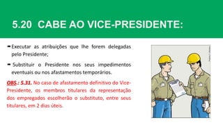 5.20 CABE AO VICE-PRESIDENTE:
Executar as atribuições que lhe forem delegadas
pelo Presidente;
 Substituir o Presidente nos seus impedimentos
eventuais ou nos afastamentos temporários.
OBS.: 5.31. No caso de afastamento definitivo do Vice-
Presidente, os membros titulares da representação
dos empregados escolherão o substituto, entre seus
titulares, em 2 dias úteis.
 