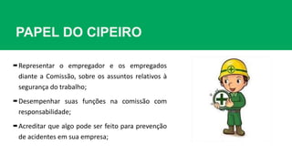 PAPEL DO CIPEIRO
Representar o empregador e os empregados
diante a Comissão, sobre os assuntos relativos à
segurança do trabalho;
Desempenhar suas funções na comissão com
responsabilidade;
Acreditar que algo pode ser feito para prevenção
de acidentes em sua empresa;
 