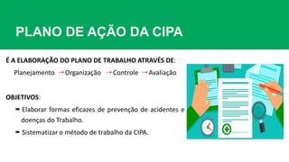 PLANO DE AÇÃO DA CIPA
É A ELABORAÇÃO DO PLANO DE TRABALHO ATRAVÉS DE:
Planejamento  Organização  Controle  Avaliação
OBJETIVOS:
 Elaborar formas eficazes de prevenção de acidentes e
doenças do Trabalho.
 Sistematizar o método de trabalho da CIPA.
 