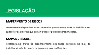 LEGISLAÇÃO
MAPEAMENTO DE RISCOS
MAPA DE RISCOS:
Representação gráfica do reconhecimento dos riscos existentes no local de
trabalho, através de círculos de tamanhos e cores diferentes.
Levantamento de possíveis riscos ambientais presentes nos locais de trabalho e em
cada setor da empresa que possam oferecer perigo aos trabalhadores.
 