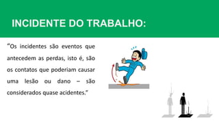 INCIDENTE DO TRABALHO:
“Os incidentes são eventos que
antecedem as perdas, isto é, são
os contatos que poderiam causar
uma lesão ou dano – são
considerados quase acidentes.”
 