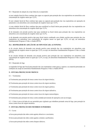 D.3 - Respirador de adução de ar tipo linha de ar comprimido:

a) sem vedação facial de fluxo contínuo tipo capuz ou capacete para proteção das vias respiratórias em atmosferas com
concentração de oxigênio maior que 12,5%;

b) sem vedação facial de fluxo contínuo tipo capuz ou capacete para proteção das vias respiratórias em operações de
jateamento e em atmosferas com concentração de oxigênio maior que 12,5%;

c) com vedação facial de fluxo contínuo tipo peça semifacial ou facial inteira para proteção das vias respiratórias em
atmosferas com concentração de oxigênio maior que 12,5%;

d) de demanda com pressão positiva tipo peça semifacial ou facial inteira para proteção das vias respiratórias em
atmosferas com concentração de oxigênio maior que 12,5%;

e) de demanda com pressão positiva tipo peça facial inteira combinado com cilindro auxiliar para proteção das vias
respiratórias em atmosferas com concentração de oxigênio menor ou igual que 12,5%, ou seja, em atmosferas
Imediatamente Perigosas à Vida e a Saúde (IPVS).

D.4 – RESPIRADOR DE ADUÇÃO DE AR TIPO MÁSCARA AUTONOMA

a) de circuito aberto de demanda com pressão positiva para proteção das vias respiratórias em atmosferas com
concentração de oxigênio menor ou igual que 12,5%, ou seja, em atmosferas Imediatamente Perigosas à Vida e a Saúde
(IPVS);

b) de circuito fechado de demanda com pressão positiva para proteção das vias respiratórias em atmosferas com
concentração de oxigênio menor ou igual que 12,5%, ou seja, em atmosferas Imediatamente Perigosas à Vida e a Saúde
(IPVS).

D.5 - Respirador de fuga

a) respirador de fuga tipo bocal para proteção das vias respiratórias contra gases e vapores e ou material particulado em
condições de escape de atmosferas Imediatamente Perigosas à Vida e a Saúde (IPVS).

E - EPI PARA PROTEÇÃO DO TRONCO

E.1 – Vestimentas

a) Vestimentas para proteção do tronco contra riscos de origem térmica;

b) Vestimentas para proteção do tronco contra riscos de origem mecânica;

c) Vestimentas para proteção do tronco contra riscos de origem química;

d) Vestimentas para proteção do tronco contra riscos de origem radioativa;

e) Vestimentas para proteção do tronco contra riscos de origem meteorológica;

f) Vestimentas para proteção do tronco contra umidade proveniente de operações com uso de água.

E.2 - Colete à prova de balas de uso permitido para vigilantes que trabalhem portando arma de fogo, para proteção do
tronco contra riscos de origem mecânica.

F - EPI PARA PROTEÇÃO DOS MEMBROS SUPERIORES

F.1 - Luvas

a) luvas para proteção das mãos contra agentes abrasivos e escoriantes;

b) luvas para proteção das mãos contra agentes cortantes e perfurantes;

c) luvas para proteção das mãos contra choques elétricos;

                                                                                                                       5
 