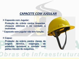  Capacete com Jugular:
Proteção do crânio contra impactos,
choques elétricos e no combate a
incêndios.
* Capacete sem jugular não tem função.
 Capuz:
Proteção do crânio contra riscos de
origem térmica, respingos de
produtos químicos e contato com
partes móveis de máquinas.
CAPACETE COM JUGULAR
 