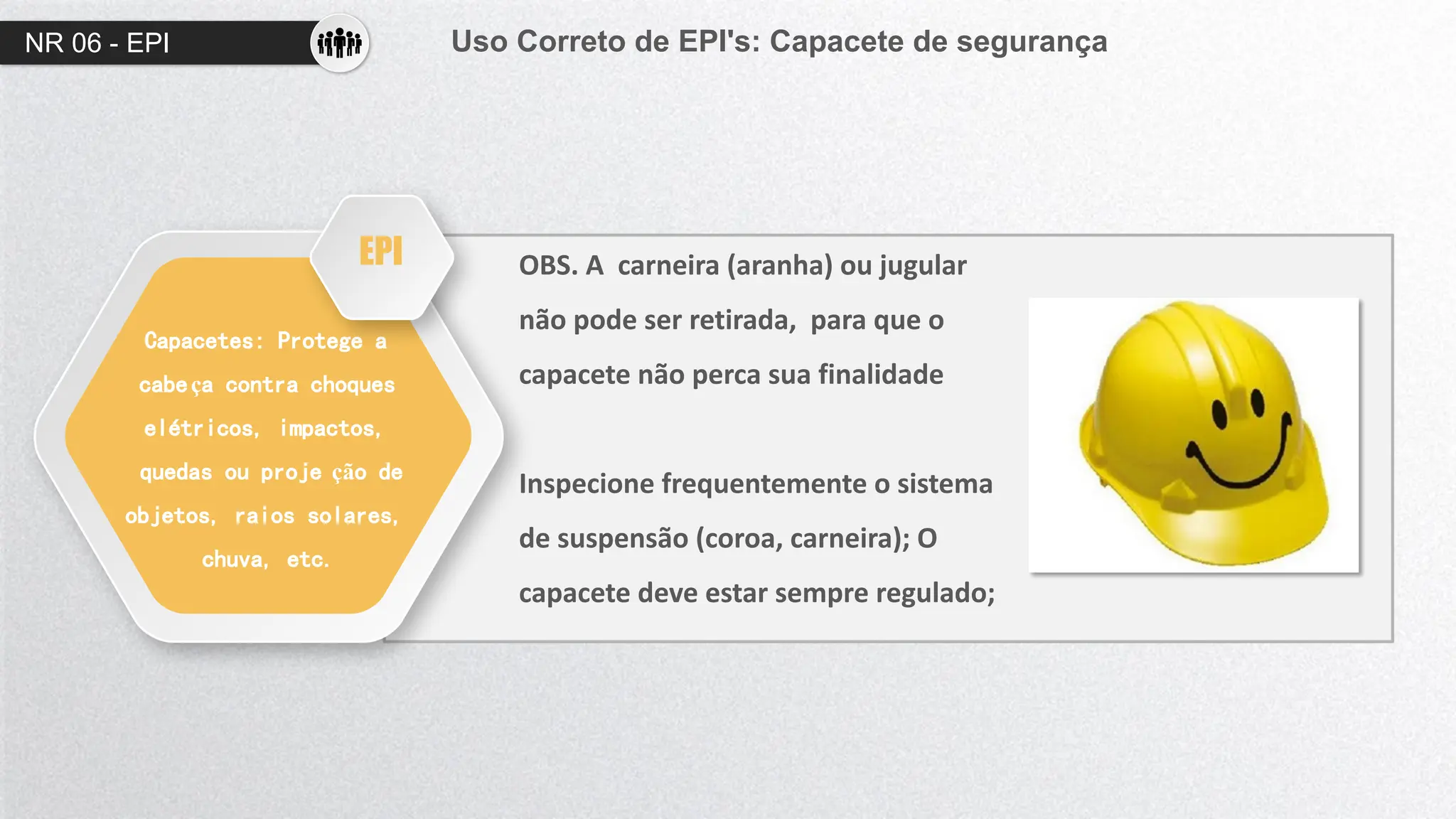 NR 06 - EPI Uso Correto de EPI's: Capacete de segurança
Capacetes: Protege a
cabeça contra choques
elétricos, impactos,
quedas ou proje ção de
objetos, raios solares,
chuva, etc.
OBS. A carneira (aranha) ou jugular
não pode ser retirada, para que o
capacete não perca sua finalidade
Inspecione frequentemente o sistema
de suspensão (coroa, carneira); O
capacete deve estar sempre regulado;
EPI
 