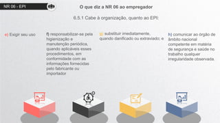 O que diz a NR 06 ao empregador
6.5.1 Cabe à organização, quanto ao EPI:
e) Exigir seu uso f) responsabilizar-se pela
higienização e
manutenção periódica,
quando aplicáveis esses
procedimentos, em
conformidade com as
informações fornecidas
pelo fabricante ou
importador
g) substituir imediatamente,
quando danificado ou extraviado; e
h) comunicar ao órgão de
âmbito nacional
competente em matéria
de segurança e saúde no
trabalho qualquer
irregularidade observada.
NR 06 - EPI
 