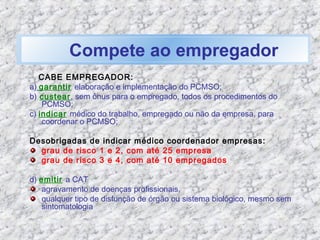 Compete ao empregador
CABE EMPREGADOR:
a) garantir elaboração e implementação do PCMSO;
b) custear, sem ônus para o empregado, todos os procedimentos do
PCMSO;
c) indicar médico do trabalho, empregado ou não da empresa, para
coordenar o PCMSO;
Desobrigadas de indicar médico coordenador empresas:
grau de risco 1 e 2, com até 25 empresa
grau de risco 3 e 4, com até 10 empregados
d) emitir a CAT
agravamento de doenças profissionais,
qualquer tipo de disfunção de órgão ou sistema biológico, mesmo sem
sintomatologia
 