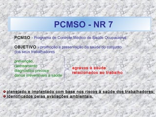 PCMSO - NR 7
PCMSO - Programa de Controle Médico de Saúde Ocupacional
OBJETIVO - promoção e preservação da saúde do conjunto
dos seus trabalhadores
prevenção,
rastreamento
diagnóstico precoce
danos irreversíveis à saúde
agravos à saúde
relacionados ao trabalho
planejado e implantado com base nos riscos à saúde dos trabalhadores;
identificados pelas avaliações ambientais.
 
