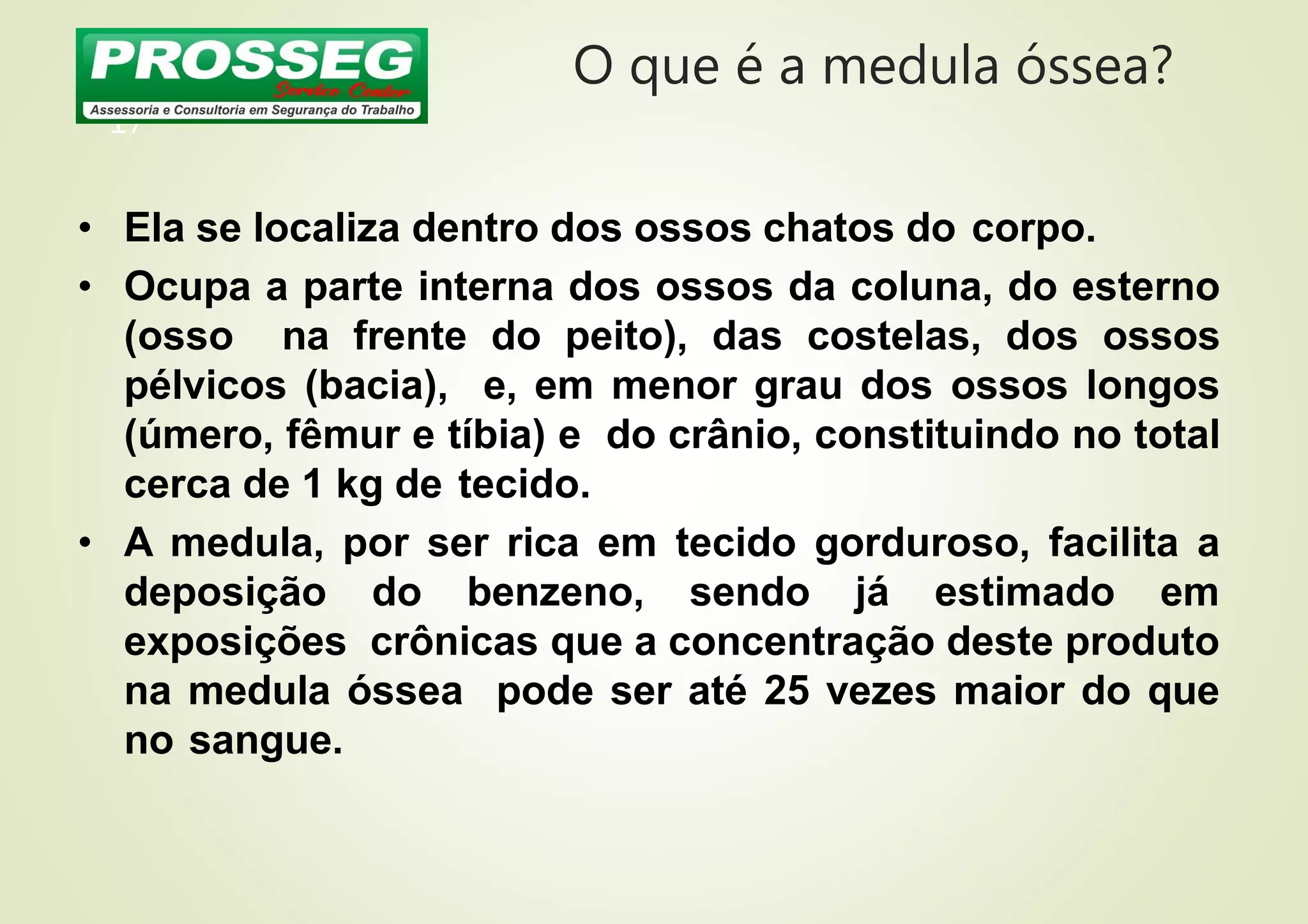 O que é a medula óssea?
17
• Ela se localiza dentro dos ossos chatos do corpo.
• Ocupa a parte interna dos ossos da coluna, do esterno
(osso na frente do peito), das costelas, dos ossos
pélvicos (bacia), e, em menor grau dos ossos longos
(úmero, fêmur e tíbia) e do crânio, constituindo no total
cerca de 1 kg de tecido.
• A medula, por ser rica em tecido gorduroso, facilita a
deposição do benzeno, sendo já estimado em
exposições crônicas que a concentração deste produto
na medula óssea pode ser até 25 vezes maior do que
no sangue.
 