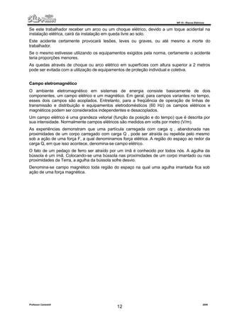 NR 10 – Riscos Elétricos
Professor Casteletti 2006
12
Se este trabalhador receber um arco ou um choque elétrico, devido a um toque acidental na
instalação elétrica, cairá da instalação em queda livre ao solo.
Este acidente certamente provocará lesões, leves ou graves, ou até mesmo a morte do
trabalhador.
Se o mesmo estivesse utilizando os equipamentos exigidos pela norma, certamente o acidente
teria proporções menores.
As quedas através de choque ou arco elétrico em superfícies com altura superior a 2 metros
pode ser evitada com a utilização de equipamentos de proteção individual e coletiva.
Campo eletromagnético
O ambiente eletromagnético em sistemas de energia consiste basicamente de dois
componentes, um campo elétrico e um magnético. Em geral, para campos variantes no tempo,
esses dois campos são acoplados. Entretanto, para a freqüência de operação de linhas de
transmissão e distribuição e equipamentos eletrodomésticos (60 Hz) os campos elétricos e
magnéticos podem ser considerados independentes e desacoplados.
Um campo elétrico é uma grandeza vetorial (função da posição e do tempo) que é descrita por
sua intensidade. Normalmente campos elétricos são medidos em volts por metro (V/m).
As experiências demonstram que uma partícula carregada com carga q , abandonada nas
proximidades de um corpo carregado com carga Q , pode ser atraída ou repelida pelo mesmo
sob a ação de uma força F, a qual denominamos força elétrica. A região do espaço ao redor da
carga Q, em que isso acontece, denomina-se campo elétrico.
O fato de um pedaço de ferro ser atraído por um ímã é conhecido por todos nós. A agulha da
bússola é um ímã. Colocando-se uma bússola nas proximidades de um corpo imantado ou nas
proximidades da Terra, a agulha da bússola sofre desvio.
Denomina-se campo magnético toda região do espaço na qual uma agulha imantada fica sob
ação de uma força magnética.
 