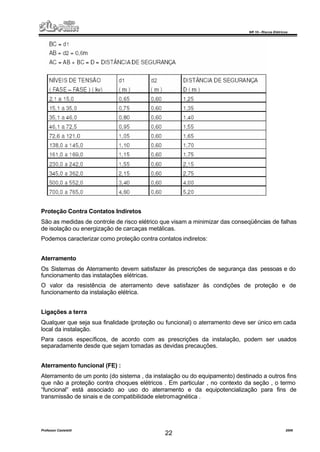 NR 10 – Riscos Elétricos
Professor Casteletti 2006
22
Proteção Contra Contatos Indiretos
São as medidas de controle de risco elétrico que visam a minimizar das conseqüências de falhas
de isolação ou energização de carcaças metálicas.
Podemos caracterizar como proteção contra contatos indiretos:
Aterramento
Os Sistemas de Aterramento devem satisfazer às prescrições de segurança das pessoas e do
funcionamento das instalações elétricas.
O valor da resistência de aterramento deve satisfazer às condições de proteção e de
funcionamento da instalação elétrica.
Ligações a terra
Qualquer que seja sua finalidade (proteção ou funcional) o aterramento deve ser único em cada
local da instalação.
Para casos específicos, de acordo com as prescrições da instalação, podem ser usados
separadamente desde que sejam tomadas as devidas precauções.
Aterramento funcional (FE) :
Aterramento de um ponto (do sistema , da instalação ou do equipamento) destinado a outros fins
que não a proteção contra choques elétricos . Em particular , no contexto da seção , o termo
“funcional“ está associado ao uso do aterramento e da equipotencialização para fins de
transmissão de sinais e de compatibilidade eletromagnética .
 