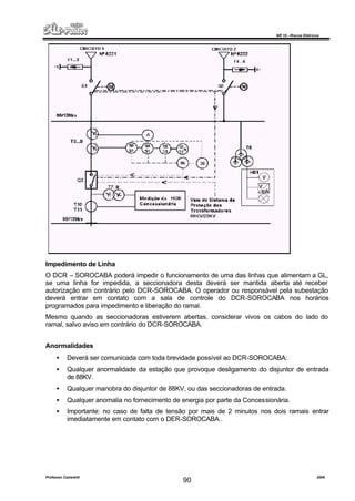 NR 10 – Riscos Elétricos
Professor Casteletti 2006
90
Impedimento de Linha
O DCR – SOROCABA poderá impedir o funcionamento de uma das linhas que alimentam a GL,
se uma linha for impedida, a seccionadora desta deverá ser mantida aberta até receber
autorização em contrário pelo DCR-SOROCABA. O operador ou responsável pela subestação
deverá entrar em contato com a sala de controle do DCR-SOROCABA nos horários
programados para impedimento e liberação do ramal.
Mesmo quando as seccionadoras estiverem abertas, considerar vivos os cabos do lado do
ramal, salvo aviso em contrário do DCR-SOROCABA.
Anormalidades
• Deverá ser comunicada com toda brevidade possível ao DCR-SOROCABA:
• Qualquer anormalidade da estação que provoque desligamento do disjuntor de entrada
de 88KV.
• Qualquer manobra do disjuntor de 88KV, ou das seccionadoras de entrada.
• Qualquer anomalia no fornecimento de energia por parte da Concessionária.
• Importante: no caso de falta de tensão por mais de 2 minutos nos dois ramais entrar
imediatamente em contato com o DER-SOROCABA .
 