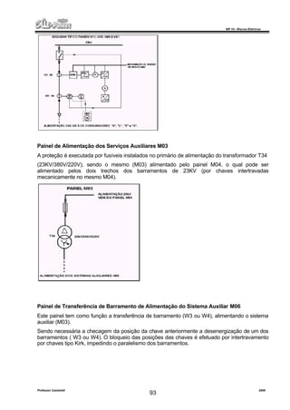 NR 10 – Riscos Elétricos
Professor Casteletti 2006
93
Painel de Alimentação dos Serviços Auxiliares M03
A proteção é executada por fusíveis instalados no primário de alimentação do transformador T34
(23KV/380V/220V), sendo o mesmo (M03) alimentado pelo painel M04, o qual pode ser
alimentado pelos dois trechos dos barramentos de 23KV (por chaves intertravadas
mecanicamente no mesmo M04).
Painel de Transferência de Barramento de Alimentação do Sistema Auxiliar M06
Este painel tem como função a transferência de barramento (W3 ou W4), alimentando o sistema
auxiliar (M03).
Sendo necessária a checagem da posição da chave anteriormente a desenergização de um dos
barramentos ( W3 ou W4). O bloqueio das posições das chaves é efetuado por intertravamento
por chaves tipo Kirk, impedindo o paralelismo dos barramentos.
 