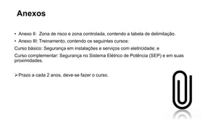 • Anexo II: Zona de risco e zona controlada, contendo a tabela de delimitação.
• Anexo III: Treinamento, contendo os seguintes cursos:
Curso básico: Segurança em instalações e serviços com eletricidade; e
Curso complementar: Segurança no Sistema Elétrico de Potência (SEP) e em suas
proximidades.
Prazo a cada 2 anos, deve-se fazer o curso.
Anexos
 