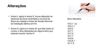 Itens alterados:
10.5.1 - e)
10.6.1.1
10.6.2
10.7.1
10.7.2
10.7.7
10.8.8
10.8.8.1
10.11.5
• Anexo I, agora é anexo II, houve alteração na
distancia da Zona controlada e na Zona de
Risco em relação a Faixa de Tensão Nominal
da Instalação elétrica em kV.
• Anexo II, agora é o anexo III, que fala sobre os
cursos, e teve alterações em alguns itens que
estavam escrito “anexo II”.
Alterações
 