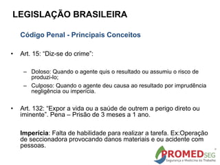 LEGISLAÇÃO BRASILEIRA
Código Penal - Principais Conceitos
• Art. 15: “Diz-se do crime”:
– Doloso: Quando o agente quis o resultado ou assumiu o risco de
produzi-lo;
– Culposo: Quando o agente deu causa ao resultado por imprudência
negligência ou imperícia.
• Art. 132: “Expor a vida ou a saúde de outrem a perigo direto ou
iminente”. Pena – Prisão de 3 meses a 1 ano.
Imperícia: Falta de habilidade para realizar a tarefa. Ex:Operação
de seccionadora provocando danos materiais e ou acidente com
pessoas.
 
