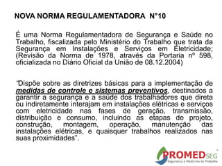 NOVA NORMA REGULAMENTADORA N°10
É uma Norma Regulamentadora de Segurança e Saúde no
Trabalho, fiscalizada pelo Ministério do Trabalho que trata da
Segurança em Instalações e Serviços em Eletricidade;
(Revisão da Norma de 1978, através da Portaria nº 598,
oficializada no Diário Oficial da União de 08.12.2004)
“Dispõe sobre as diretrizes básicas para a implementação de
medidas de controle e sistemas preventivos, destinados a
garantir a segurança e a saúde dos trabalhadores que direta
ou indiretamente interajam em instalações elétricas e serviços
com eletricidade nas fases de geração, transmissão,
distribuição e consumo, incluindo as etapas de projeto,
construção, montagem, operação, manutenção das
instalações elétricas, e quaisquer trabalhos realizados nas
suas proximidades”.
 
