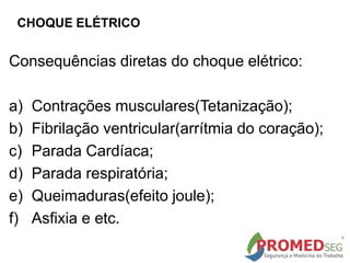 CHOQUE ELÉTRICO
Consequências diretas do choque elétrico:
a) Contrações musculares(Tetanização);
b) Fibrilação ventricular(arrítmia do coração);
c) Parada Cardíaca;
d) Parada respiratória;
e) Queimaduras(efeito joule);
f) Asfixia e etc.
 