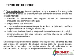 TIPOS DE CHOQUE
O Choque Dinâmico é o mais perigoso porque a pessoa fica energizada
e a Corrente Elétrica do choque persiste, ocorrendo diversos efeitos aos
órgãos internos:
– aumento da temperatura dos órgãos devido ao aquecimento
produzido pela corrente de choque;
– enrijecimento dos músculos;
– comprometimento do coração quanto ao ritmo de batimento cardíaco
e à possibilidade de fibrilação ventricular;
– deslocamento dos músculos e órgãos internos da sua devida posição;
– comprometimento dos rins, cérebro, genitais através de sintomas
imediatos ou posteriores.
Muitos órgãos aparentemente sadios só vão apresentar sintomas devidos
aos efeitos da corrente de choque muitos dias, ou meses depois,
apresentando sequelas, que muitas vezes não são relacionadas ao
choque devido ao espaço de tempo decorrido desde o acidente.
 