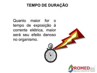 Quanto maior for o
tempo de exposição à
corrente elétrica, maior
será seu efeito danoso
no organismo.
TEMPO DE DURAÇÃO
 