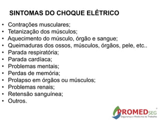 • Contrações musculares;
• Tetanização dos músculos;
• Aquecimento do músculo, órgão e sangue;
• Queimaduras dos ossos, músculos, órgãos, pele, etc..
• Parada respiratória;
• Parada cardíaca;
• Problemas mentais;
• Perdas de memória;
• Prolapso em órgãos ou músculos;
• Problemas renais;
• Retensão sanguínea;
• Outros.
SINTOMAS DO CHOQUE ELÉTRICO
 