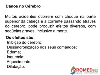 Muitos acidentes ocorrem com choque na parte
superior da cabeça e a corrente passando através
do cérebro, pode produzir efeitos diversos, com
seqüelas graves, inclusive a morte.
Os efeitos são:
Inibição do cérebro;
Dessincronização nos seus comandos;
Edema;
Isquemia;
Aquecimento;
Dilatação.
Danos no Cérebro
 