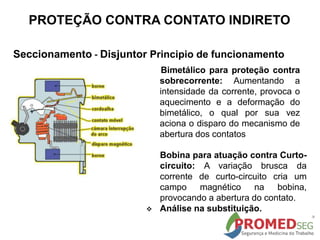 Seccionamento - Disjuntor Principio de funcionamento
Bimetálico para proteção contra
sobrecorrente: Aumentando a
intensidade da corrente, provoca o
aquecimento e a deformação do
bimetálico, o qual por sua vez
aciona o disparo do mecanismo de
abertura dos contatos
Bobina para atuação contra Curto-
circuito: A variação brusca da
corrente de curto-circuito cria um
campo magnético na bobina,
provocando a abertura do contato.
 Análise na substituição.
PROTEÇÃO CONTRA CONTATO INDIRETO
 