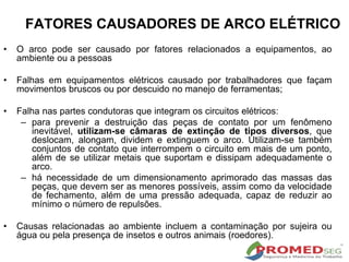 • O arco pode ser causado por fatores relacionados a equipamentos, ao
ambiente ou a pessoas
• Falhas em equipamentos elétricos causado por trabalhadores que façam
movimentos bruscos ou por descuido no manejo de ferramentas;
• Falha nas partes condutoras que integram os circuitos elétricos:
– para prevenir a destruição das peças de contato por um fenômeno
inevitável, utilizam-se câmaras de extinção de tipos diversos, que
deslocam, alongam, dividem e extinguem o arco. Utilizam-se também
conjuntos de contato que interrompem o circuito em mais de um ponto,
além de se utilizar metais que suportam e dissipam adequadamente o
arco.
– há necessidade de um dimensionamento aprimorado das massas das
peças, que devem ser as menores possíveis, assim como da velocidade
de fechamento, além de uma pressão adequada, capaz de reduzir ao
mínimo o número de repulsões.
• Causas relacionadas ao ambiente incluem a contaminação por sujeira ou
água ou pela presença de insetos e outros animais (roedores).
FATORES CAUSADORES DE ARCO ELÉTRICO
 