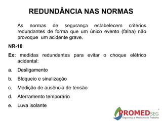REDUNDÂNCIA NAS NORMAS
As normas de segurança estabelecem critérios
redundantes de forma que um único evento (falha) não
provoque um acidente grave.
NR-10
Ex: medidas redundantes para evitar o choque elétrico
acidental:
a. Desligamento
b. Bloqueio e sinalização
c. Medição de ausência de tensão
d. Aterramento temporário
e. Luva isolante
 