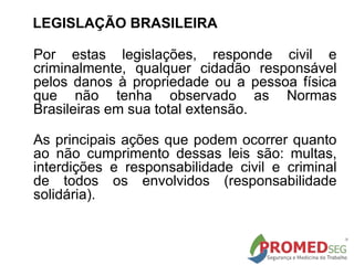 LEGISLAÇÃO BRASILEIRA
Por estas legislações, responde civil e
criminalmente, qualquer cidadão responsável
pelos danos à propriedade ou a pessoa física
que não tenha observado as Normas
Brasileiras em sua total extensão.
As principais ações que podem ocorrer quanto
ao não cumprimento dessas leis são: multas,
interdições e responsabilidade civil e criminal
de todos os envolvidos (responsabilidade
solidária).
 