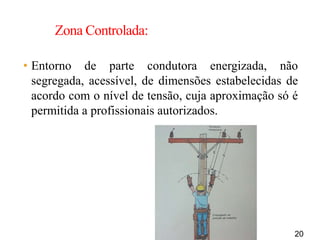 20
Zona Controlada:
• Entorno de parte condutora energizada, não
segregada, acessível, de dimensões estabelecidas de
acordo com o nível de tensão, cuja aproximação só é
permitida a profissionais autorizados.
 