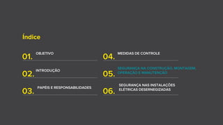Índice
01.
OBJETIVO
02.
INTRODUÇÃO
04.
MEDIDAS DE CONTROLE
05.
03.
PAPÉIS E RESPONSABILIDADES
06.
SEGURANÇA NAS INSTALAÇÕES
ELÉTRICAS DESERNEGIZADAS
SEGURANÇA NA CONSTRUÇÃO, MONTAGEM,
OPERAÇÃO E MANUTENÇÃO
 