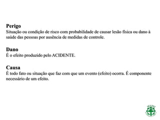 Perigo
Situação ou condição de risco com probabilidade de causar lesão física ou dano à
saúde das pessoas por ausência de medidas de controle.
Dano
É o efeito produzido pelo ACIDENTE.
Causa
É todo fato ou situação que faz com que um evento (efeito) ocorra. É componente
necessário de um efeito.
 