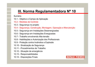 III. Norma Regulamentadora Nº 10
Sumário
10.1 - Objetivo e Campo de Aplicação
10.2 - Medidas de Controle
10.3 - Segurança no projeto
10.4 - Segurança, Construção, Montagem, Operação e Manutenção
10.5 - Segurança em Instalações Desenergizadas
10.6 - Segurança em Instalações Energizadas
10.7 - Trabalho envolvendo Alta tensão
10.8 - Habilitações e Autorização dos Profissionais
10.9 - Proteção contra Incêndios e Explosão
10.10 - Sinalização de Segurança
10.11 - Procedimentos de Trabalho
10.12 - Situação de emergência
10.13 - Responsabilidades
10.14 - Disposições Finais
 