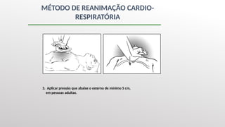 MÉTODO DE REANIMAÇÃO CARDIO-
RESPIRATÓRIA
3. Aplicar pressão que abaixe o esterno de mínimo 5 cm,
em pessoas adultas.
 