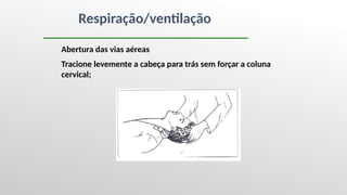 Respiração/ventilação
Abertura das vias aéreas
Tracione levemente a cabeça para trás sem forçar a coluna
cervical;
 