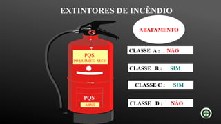 EXTINTORES DE INCÊNDIO
PQS
PQS
PÓ QUÍMICO SECO
ABNT
CLASSE A : NÃO
CLASSE B : SIM
CLASSE C : SIM
CLASSE D : NÃO
ABAFAMENTO
 