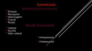 Elementos da Comunicação
• Emissor
• Receptor
• Mensagem
• Canal
• Ruído
Tipos de Comunicação
• Verbal
• Escrita
• Não verbal
• Intrapessoal
• Interpessoal
Comunicação
 