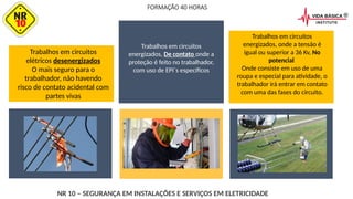 Trabalhos em circuitos
elétricos desenergizados
O mais seguro para o
trabalhador, não havendo
risco de contato acidental com
partes vivas
Trabalhos em circuitos
energizados, De contato onde a
proteção é feito no trabalhador,
com uso de EPI`s específicos
Trabalhos em circuitos
energizados, onde a tensão é
igual ou superior a 36 Kv, No
potencial
Onde consiste em uso de uma
roupa e especial para atividade, o
trabalhador irá entrar em contato
com uma das fases do circuito.
FORMAÇÃO 40 HORAS
NR 10 – SEGURANÇA EM INSTALAÇÕES E SERVIÇOS EM ELETRICIDADE
 