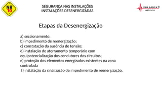 SEGURANÇA NAS INSTALAÇÕES
INSTALAÇÕES DESENERGIZADAS
Abrir
Define claramente a execução do ASTA
Testar
Sinalizar
NR 10 – SEGURANÇA EM INSTALAÇÕES E SERVIÇOS EM ELETRICIDADE
FORMAÇÃO 40 HORAS
a) seccionamento;
b) impedimento de reenergização;
c) constatação da ausência de tensão;
d) instalação de aterramento temporário com
equipotencialização dos condutores dos circuitos;
e) proteção dos elementos energizados existentes na zona
controlada
f) instalação da sinalização de impedimento de reenergização.
Etapas da Desenergização
 