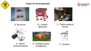 Etapas da Desenergização
Abrir
Define claramente a execução do ASTA
Testar
Sinalizar
NR 10 – SEGURANÇA EM INSTALAÇÕES E SERVIÇOS EM ELETRICIDADE
FORMAÇÃO 40 HORAS
A- Seccionar B – Impedir
(Bloquear)
C - Testar ausência
tensão
D - Aterrar
temporariamente
E - Proteger pontos
energizados
F - Sinalizar
 