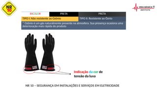 NR 10 – SEGURANÇA EM INSTALAÇÕES E SERVIÇOS EM ELETRICIDADE
BICOLOR PRETA PRETA
TIPO I: Não resistente ao Ozônio TIPO II: Resistente ao Ôznio
* Ozônio é um gás naturalmente presente na atmosfera. Sua presença ocasiona uma
deterioração mais rápida do produto
Indicação da cor de
tensão da luva
 