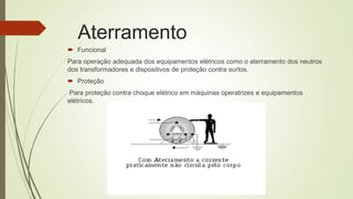 Aterramento
 Funcional
Para operação adequada dos equipamentos elétricos como o aterramento dos neutros
dos transformadores e dispositivos de proteção contra surtos.
 Proteção
Para proteção contra choque elétrico em máquinas operatrizes e equipamentos
elétricos.
 