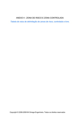 ANEXO II - ZONA DE RISCO E ZONA CONTROLADA
Tabela de raios de delimitação de zonas de risco, controlada e livre.




Copyright © 2006-2008 Mi Omega Engenharia. Todos os direitos reservados
 