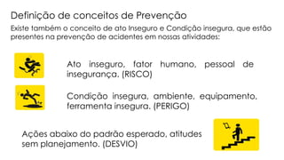 Ato inseguro, fator humano, pessoal de
insegurança. (RISCO)
Condição insegura, ambiente, equipamento,
ferramenta insegura. (PERIGO)
Ações abaixo do padrão esperado, atitudes
sem planejamento. (DESVIO)
Existe também o conceito de ato Inseguro e Condição insegura, que estão
presentes na prevenção de acidentes em nossas atividades:
Definição de conceitos de Prevenção
 