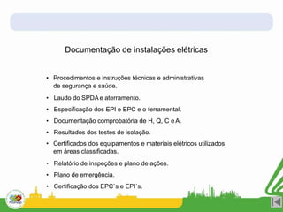 Documentação de instalações elétricas
• Procedimentos e instruções técnicas e administrativas
de segurança e saúde.
• Laudo do SPDA e aterramento.
• Especificação dos EPI e EPC e o ferramental.
• Documentação comprobatória de H, Q, C e A.
• Resultados dos testes de isolação.
• Certificados dos equipamentos e materiais elétricos utilizados
em áreas classificadas.
• Relatório de inspeções e plano de ações.
• Plano de emergência.
• Certificação dos EPC`s e EPI`s.
 