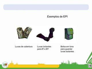 Exemplos de EPI
Luvas de cobertura Luvas isolantes
para AT e BT
Bolsa em lona
para guardar
luvas isolantes
 