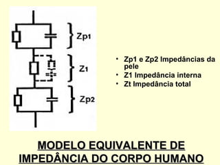 • Zp1 e Zp2 Impedâncias da
               pele
             • Z1 Impedância interna
             • Zt Impedância total




   MODELO EQUIVALENTE DE
IMPEDÂNCIA DO CORPO HUMANO
 