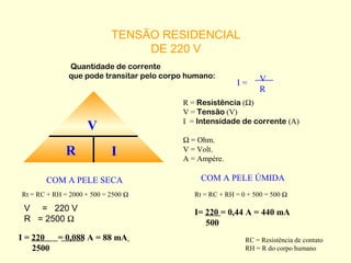 TENSÃO RESIDENCIAL
                                 DE 220 V
              Quantidade de corrente
              que pode transitar pelo corpo humano:               V
                                                          I=
                                                                  R
                                          R = Resistência (Ω)
                                          V = Tensão (V)
                                          I = Intensidade de corrente (A)
                    V
                                          Ω = Ohm.
              R             I             V = Volt.
                                          A = Ampère.

       COM A PELE SECA                         COM A PELE ÚMIDA
Rt = RC + RH = 2000 + 500 = 2500 Ω           Rt = RC + RH = 0 + 500 = 500 Ω

 V = 220 V                                   I= 220 = 0,44 A = 440 mA
 R = 2500 Ω                                     500
I = 220  = 0,088 A = 88 mA                                   RC = Resistência de contato
    2500                                                     RH = R do corpo humano
 